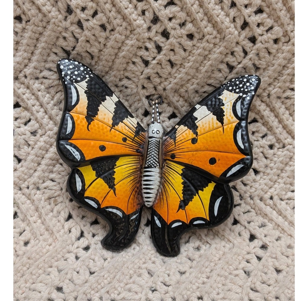 Vintage Hand Painted Ceramic Butterfly Wall Hanging Art Orange Black Yellow 7.5"